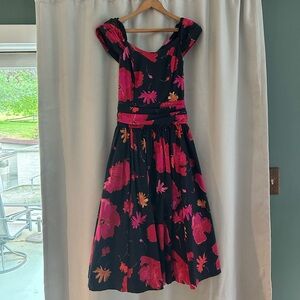 Laura Ashley Red and Pink Ruched Midi Dress Sweetheart Neckline